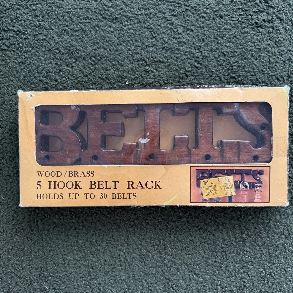 Vintage Brass And Wood Belt Holder Word NIP Belt Organizer 1970's